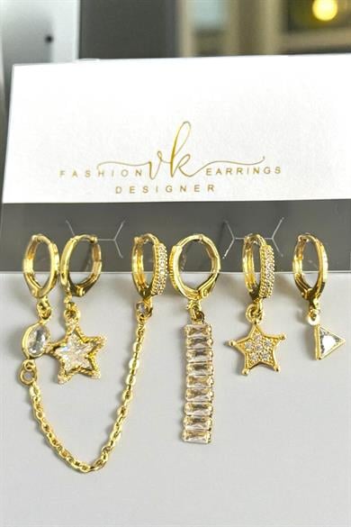 6lı Altın Renk Taş Detaylı Küpe Set