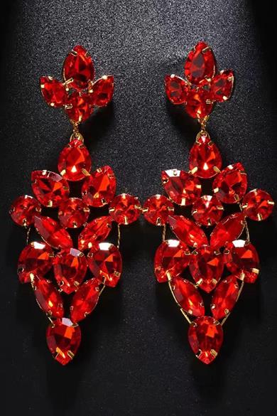 Kırmızı Renk Taşlı Abiye Küpe Kına/Gelin Küpe (Çift) 