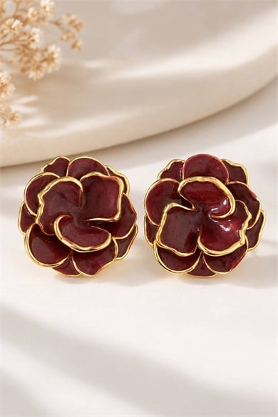 Bordo Renk Çiçek Figürlü Küpe (Çift)