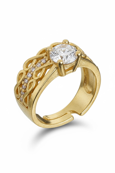 Altın Renk Tek Taş Detaylı Ayarlanabilir Yüzük