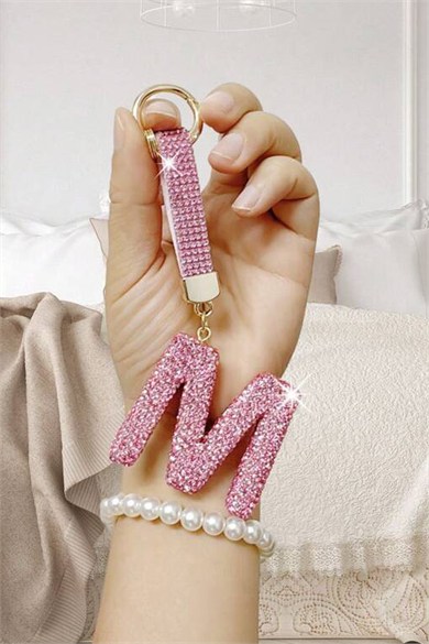 Pembe Renk M Harf Taşlı Çanta Charm/ Anahtarlık
