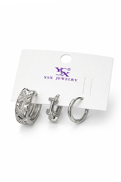 Gümüş Renk Taş Detaylı 3lü YSX Küpe Set