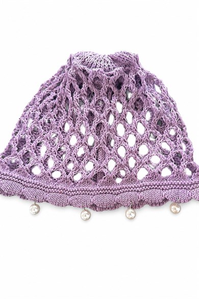 Lila Renk İnci Detaylı Örgü Saç Bandana