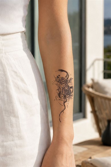 Yılan Ve Güllü Mini Geçici Dövme Tattoo