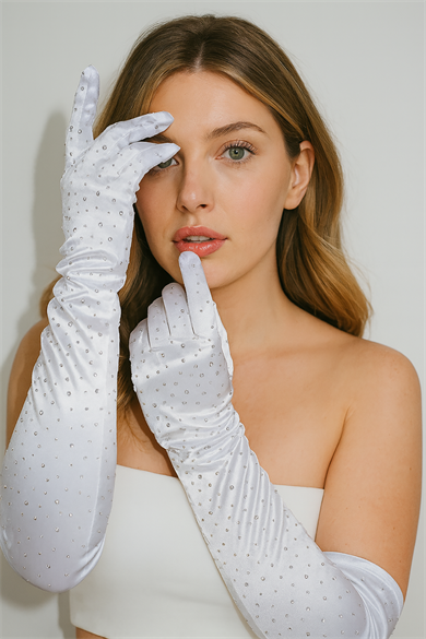 Beyaz Renk Taş Detaylı Saten Gelin Ve Nikah Eldiveni