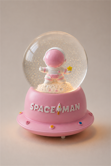 Pembe Renk Astronot Figürlü Işıklı Küçük  Kar Küresi