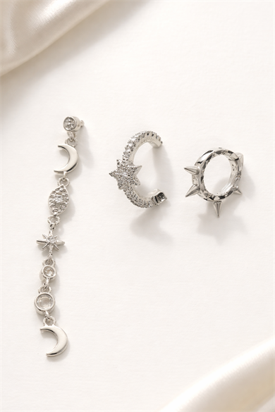 Gümüş Renk Taş Detaylı 3lü YSX Küpe Set