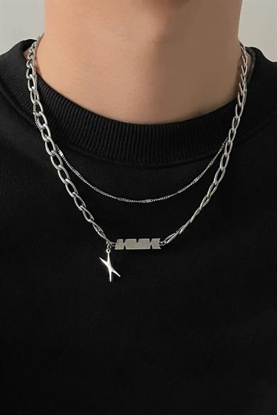 Gümüş Renk Erkek İkili Zincir Çelik Kolye 