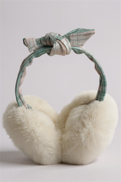 Beyaz Renk Ekose Desenli Peluş Kulaklık