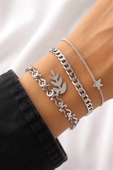 Gümüş  Renk  Zincir Detaylı 3lü Bileklik Set