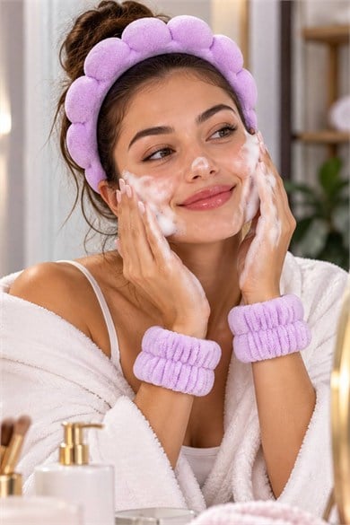 Mor Renk Spa Taç Ve Peluş Su Emici Havlu Bileklik Set