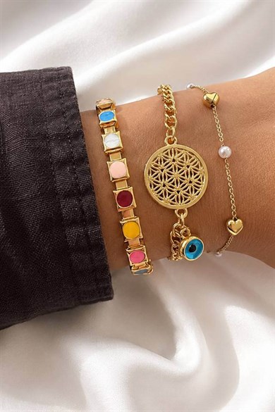 Altın  Renk  Zincir Detaylı 3lü Bileklik Set