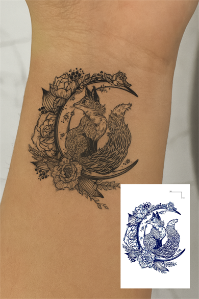 Tilki Ve Çiçek Figürlü 12 Saat Sonra Kararan Geçici Dövme Tattoo