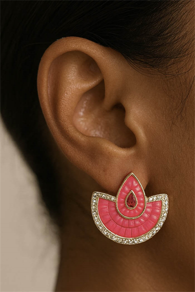 Altın Ve Pembe Renk Taş Detaylı Küpe (Çift)