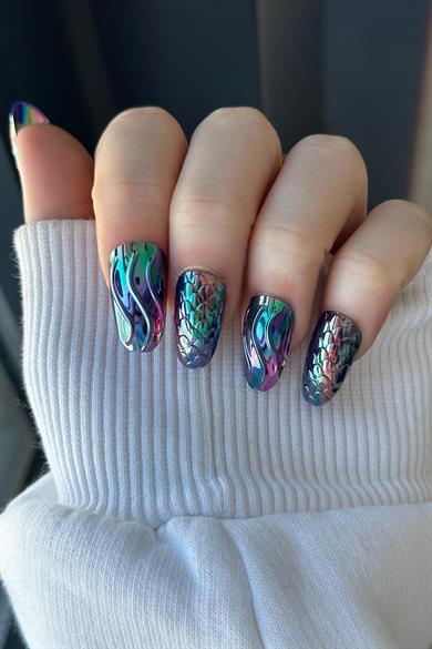 12li Mor Renk Karışık Figürlü Jel Görünümlü Takma Tırnak Set (Yapıştırıcılı)