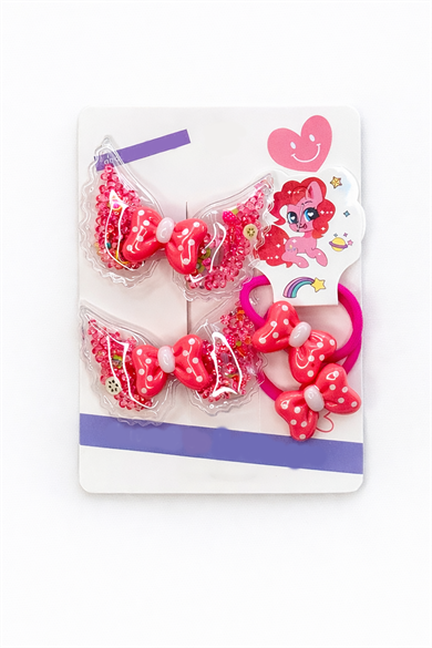 Pembe Renk Kurdele Figürlü Lastik Toka Ve Yan Toka Set