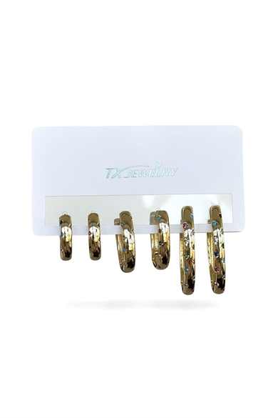 Altın Renk 6lı Taş Detaylı TX 14K Altın Kaplama Küpe Set