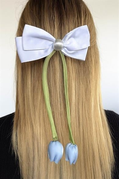 Mavi Ve Beyaz Renk Kurdele Detaylı Lale Figürlü Otomat Toka