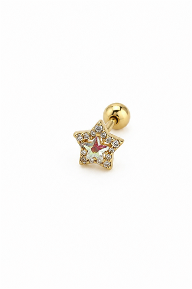 Altın Renk Yıldız Figürlü  Taşlı Cerrahi Çelik Tragus/Kıkırdak Küpe/Piercing (Tek)
