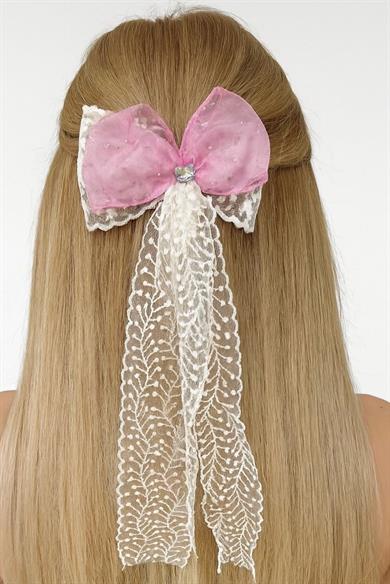 Pembe Ve Beyaz Renk Taş Detaylı Kurdele Otomat Toka