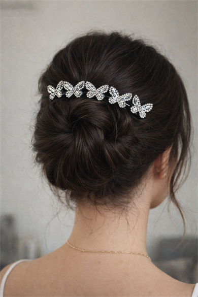 Siyah Renk Kelebek Figürlü Taş Detaylı Tarak Toka