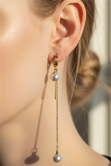 Altın Renk İnci Detaylı  Çelik Küpe (Çift)