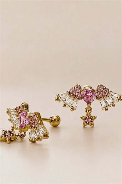 2li Altın Renk Kalp Ve Yıldız Figürlü Taş Detaylı Tx Tragus/Kıkırdak Küpe/Piercing 
