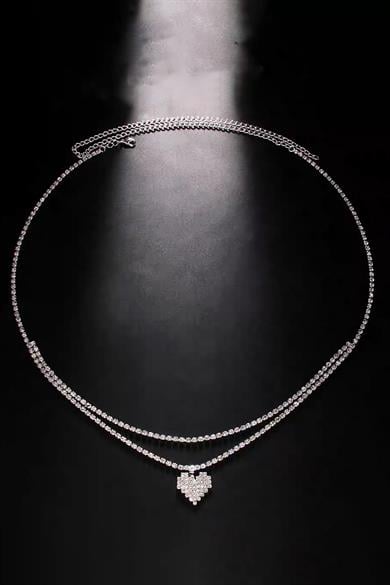 Gümüş Renk Kalp Figürlü Taş Detaylı Tasarım Bel Zinciri/Vücut Aksesuar