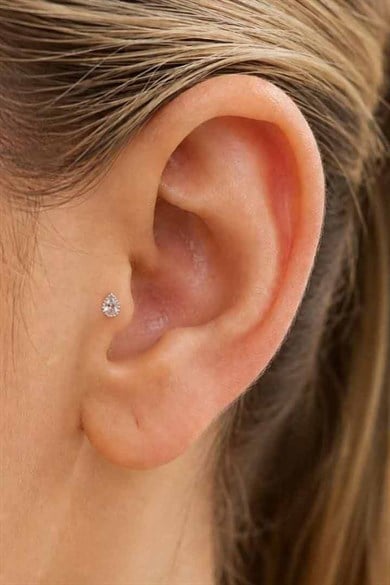 Gümüş Renk Taşlı Küçük Boy Cerrahi Çelik Tragus/Kıkırdak Küpe/Piercing (Tek)