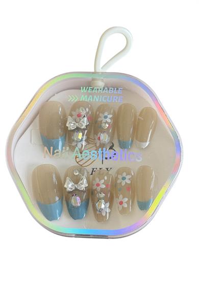 10lu Krem Ve Mavi Renk Çiçek Figürlü Taş Detaylı Takma Tırnak Set (Yapıştırıcılı)