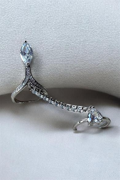 Gümüş Renk Taş Detaylı Ayarlanabilir İkili Çelik Yüzük