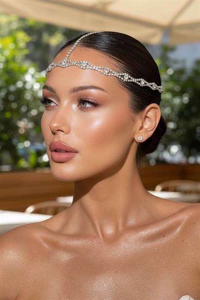 Gümüş Renk Taş Detaylı Alınlık/Kına Aksesuarı