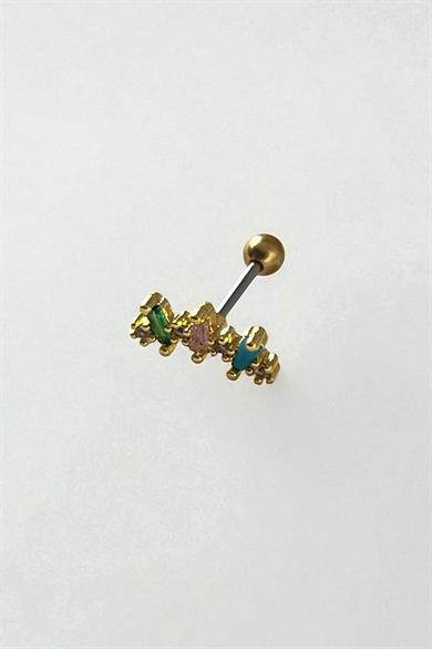 Altın Renk Taş Detaylı Çelik Tragus/Kıkırdak Küpe/Piercing (Tek)