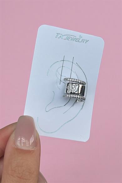 Gümüş Renk Çiçek Figürlü Taş Detaylı 14K Altın Kaplama TX Ear Cuff (Tek)