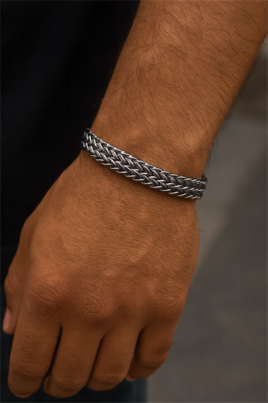 Gümüş Renk Zincir Detaylı Çelik Erkek Bileklik