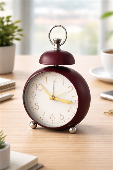 Bordo Renk Mini Dekoratif Işıklı Alarmlı Yuvarlak Masa Saati