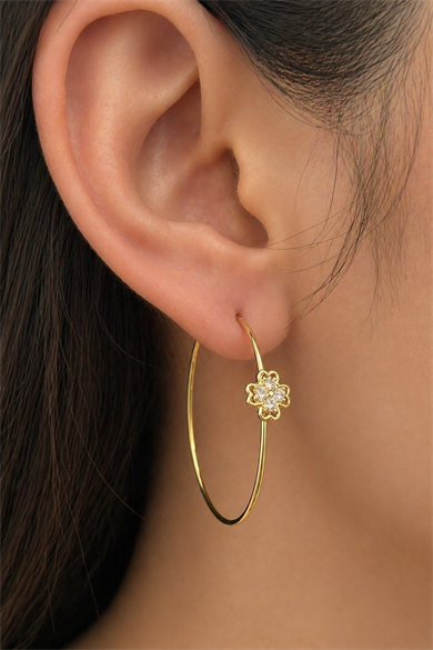 Altın Renk Çiçek Figürlü Taş Detaylı 14K Altın Kaplama Halka Küpe (Çift)