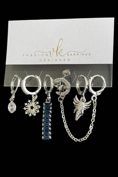 6lı Gümüş Renk Taş Detaylı Küpe Set