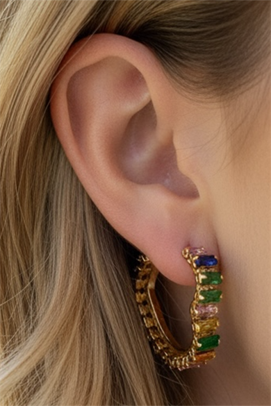 Altın Renk Kalp Figürlü Taş Detaylı Çelik Küpe (Çift)