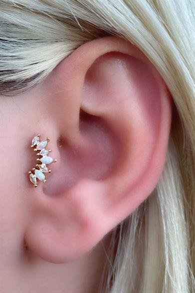 Altın Renk Taş Detaylı Çelik Tragus/Kıkırdak Küpe/Piercing (Tek)