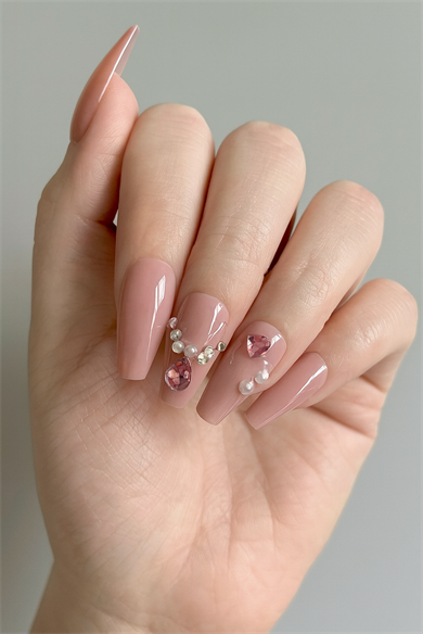 12li Pembe Renk Taş Detaylı Takma Tırnak Set (Yapıştırıcılı)