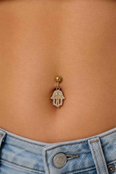 Altın Renk Fatma Ana Eli Figürlü Taşlı Cerrahi Çelik Göbek Piercing