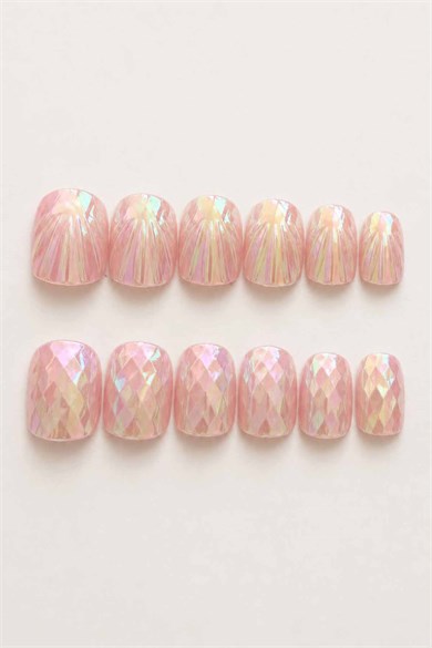 12li Pembe Renk Karışık Figürlü Jel Görünümlü Takma Tırnak Set (Yapıştırıcılı)
