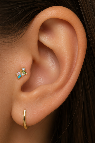 Altın  Renk Taşlı Cerrahi Çelik Tragus/Kıkırdak Küpe/Piercing (Tek)
