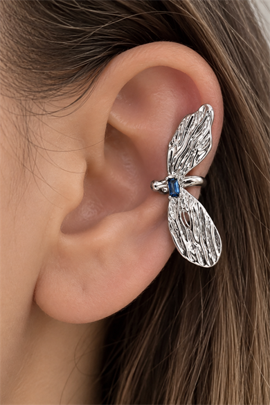 Gümüş Renk Taş Detaylı TX Ear Cuff (Tek)