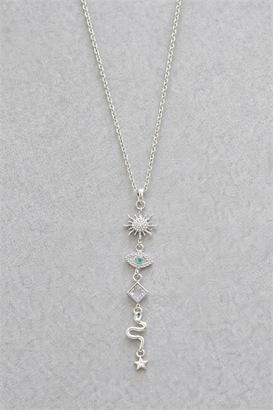 Gümüş Renk Taş Detaylı Y Kolye