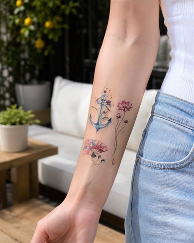 Çapa Çiçek Yelpaze Mini Geçici Dövme Tattoo