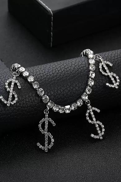 Gümüş Renk Dolar Figürlü Taş Detaylı Tasarım Halhal