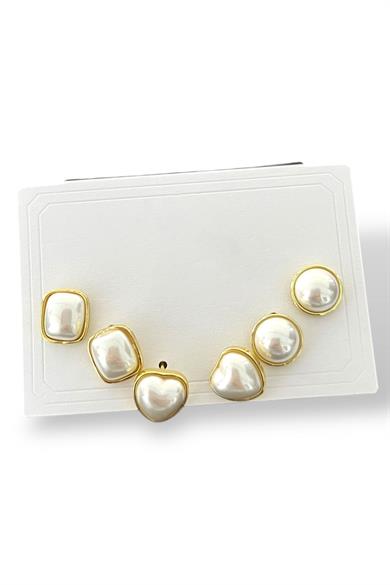 Altın Renk Kalp Figürlü İnci Detaylı 6lı Küpe Set