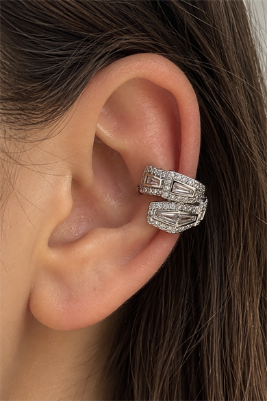 Gümüş Renk Taş Detaylı TX Ear Cuff (Tek)